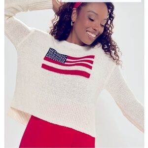 Francesca's Womens S Beige American Flag Sweater;American Americana Veteran USA